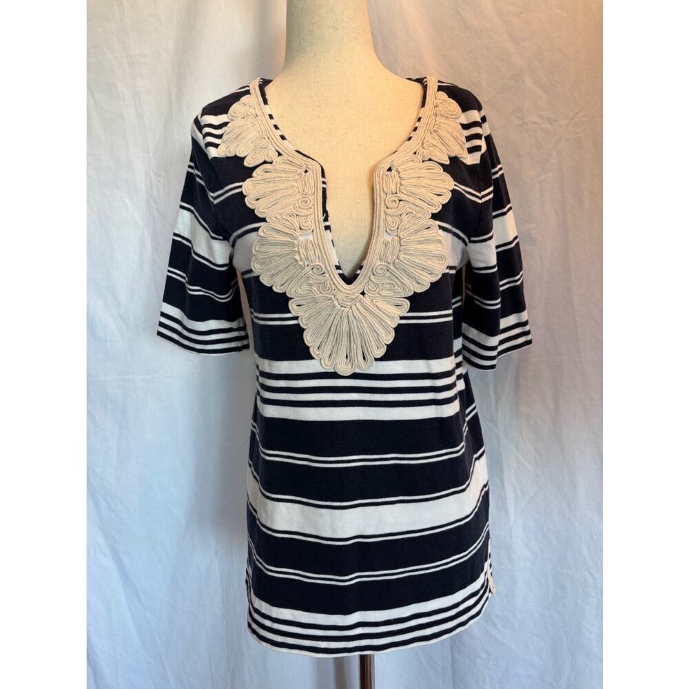 J Crew Pullover Cotton Blend Top Nautical Rope Detail Blue Wht Stripe Hamptons M